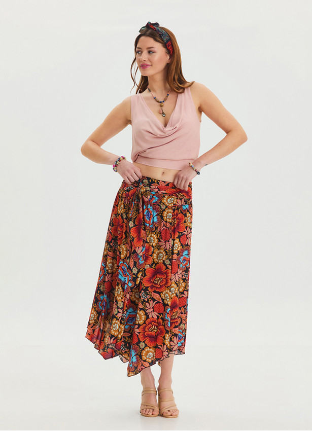 Black Patterned Printed Skirt with Gipe Detail and Tied Waist 4506